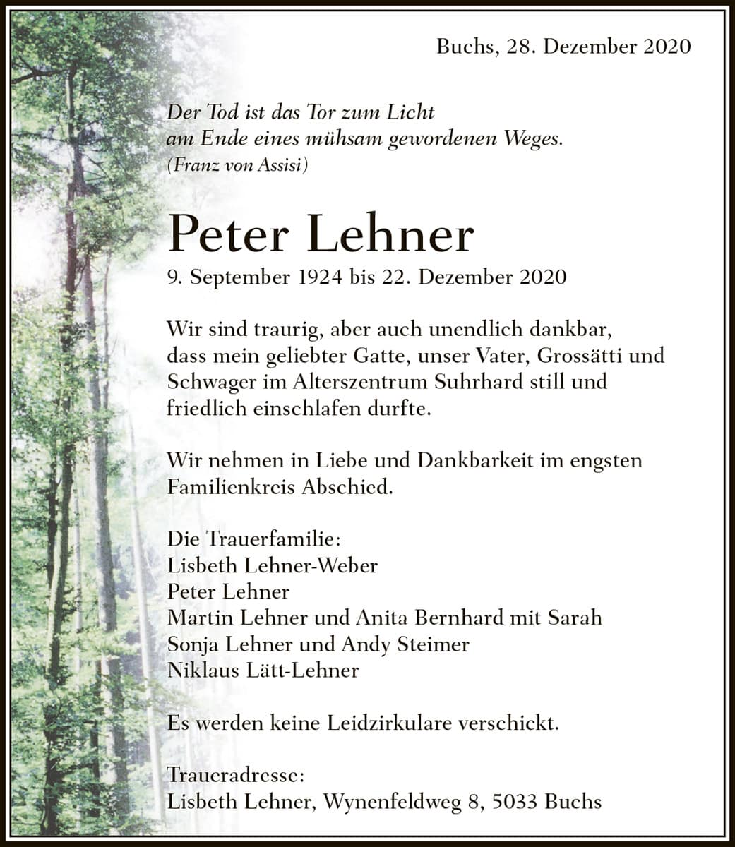 Todesanzeige Peter Lehner 1924 | Der Landanzeiger