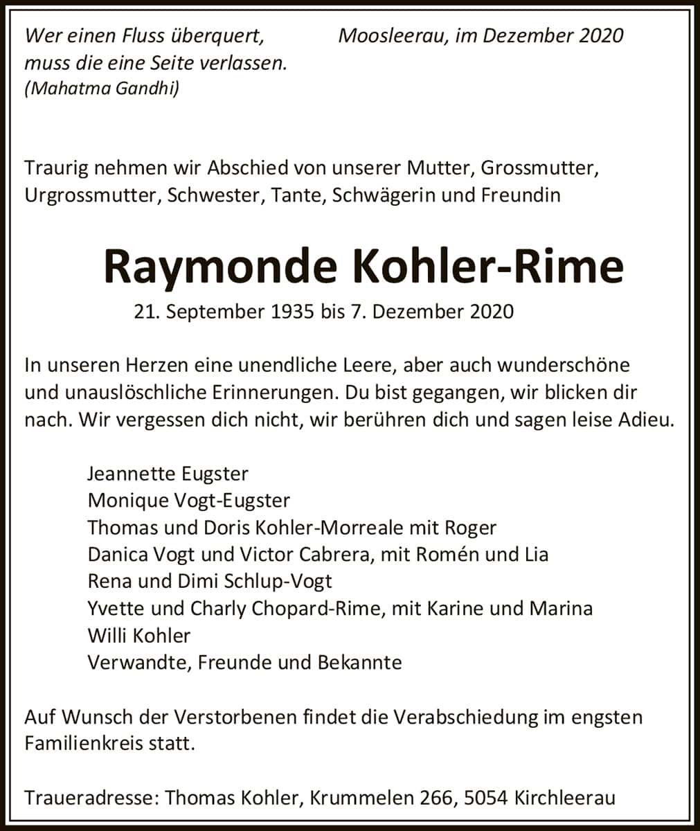 TodesanzRaymonde Kohler-Rime 1935 | Der Landanzeiger