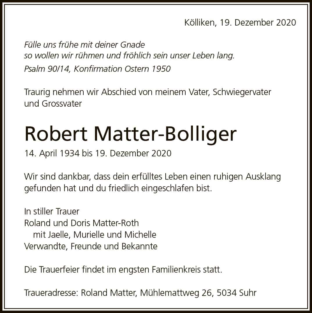 Todesanzeige Robert Matter-Bolliger 1934 | Der Landanzeiger