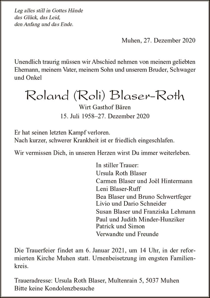 Todesanzeige Roland Blaser-Roth 1958 | Der Landanzeiger