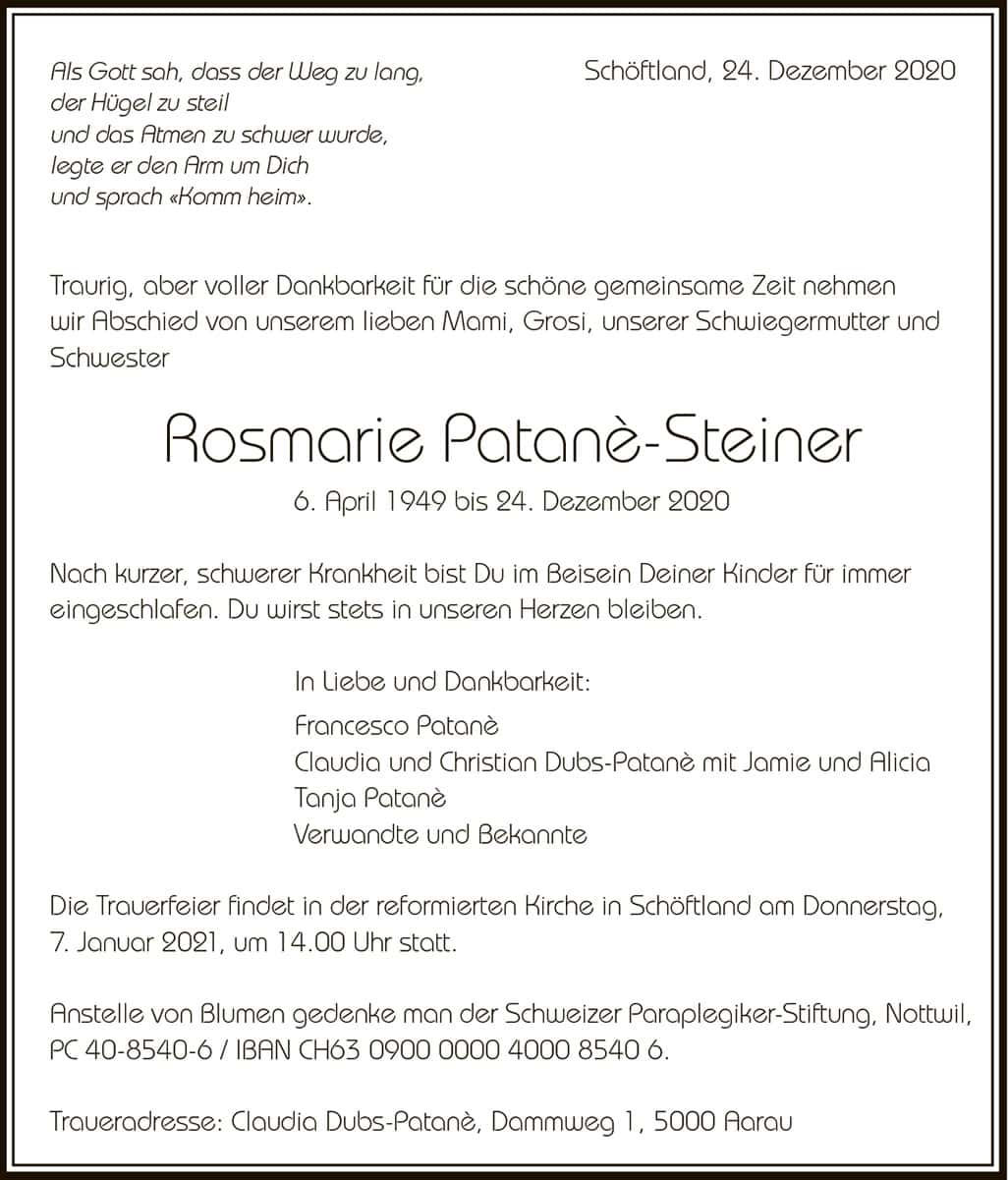 Todesanzeige Rosmarie Patanè-Steiner 1949 | Der Landanzeiger