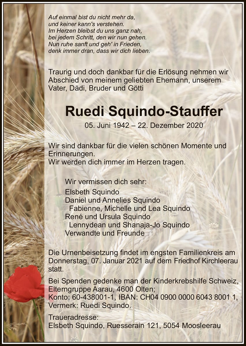 Todesanzeige Ruedi Squindo-Stauffer 1942 | Der Landanzeiger