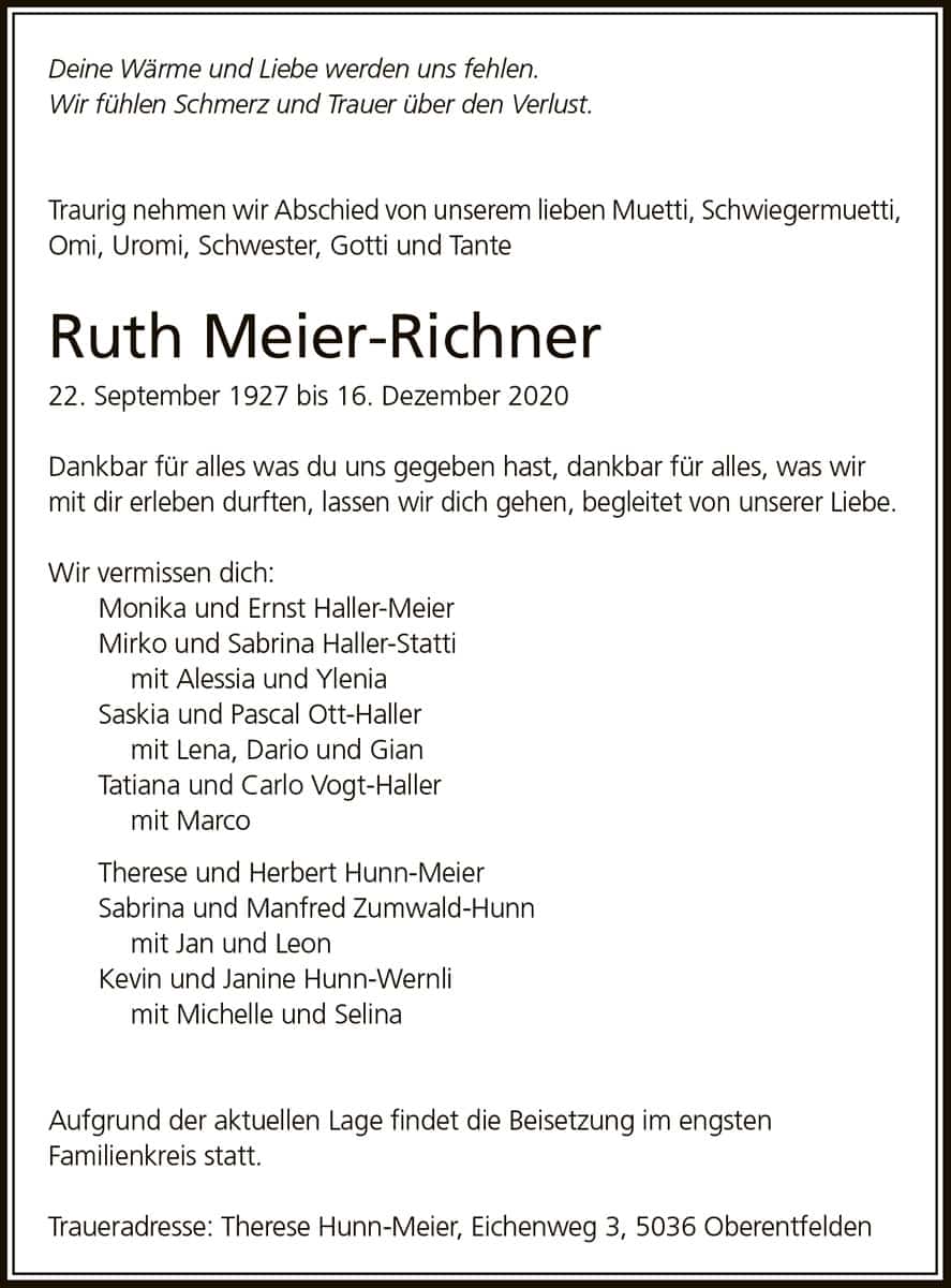 Todesanzeige Ruth Meier-Richner 1927 | Der Landanzeiger