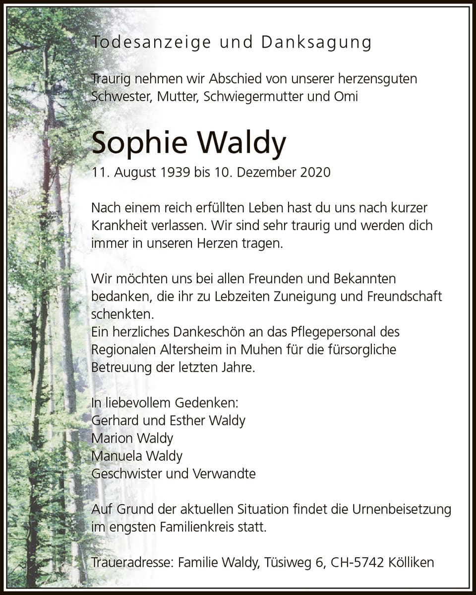 Todesanzeige Sophie Waldy 1939 | Der Landanzeiger