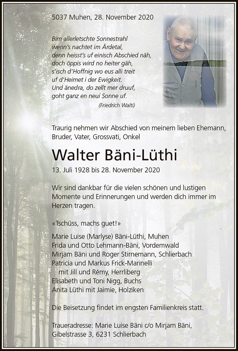 Todesanzeige Walter Bäni-Lüthi 1928 | Der Landanzeiger