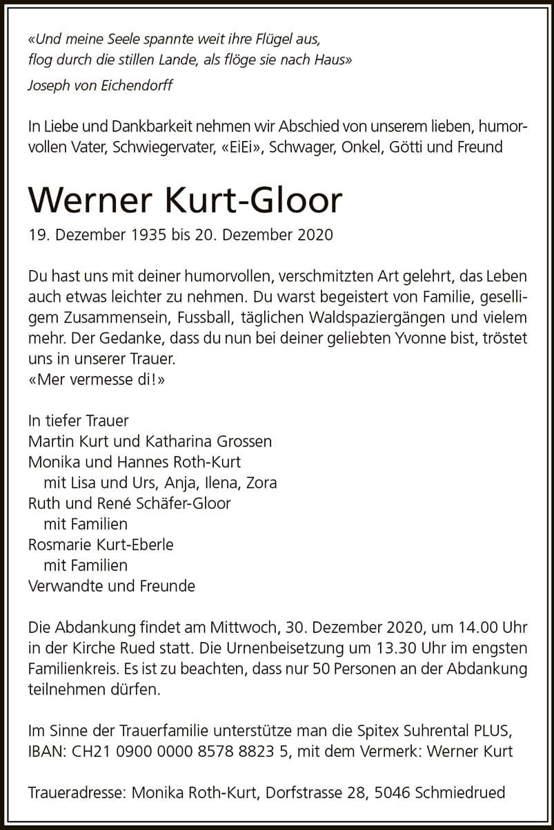 Todesanzeige Werner Kurt-Gloor 1935 | Der Landanzeiger