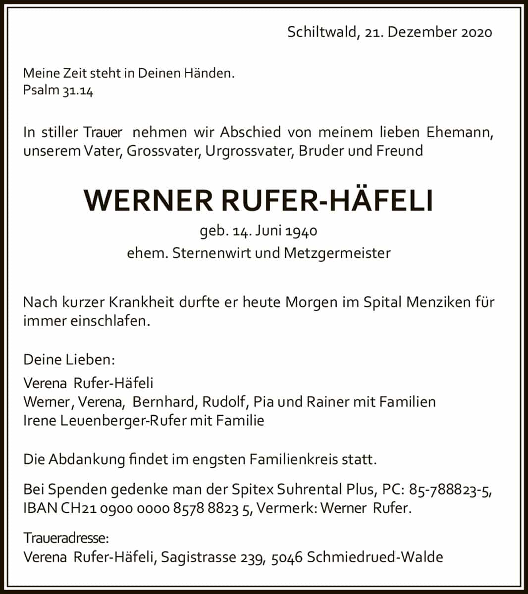 Todesanzeige Werner Rufer-Häfeli 1940 | Der Landanzeiger