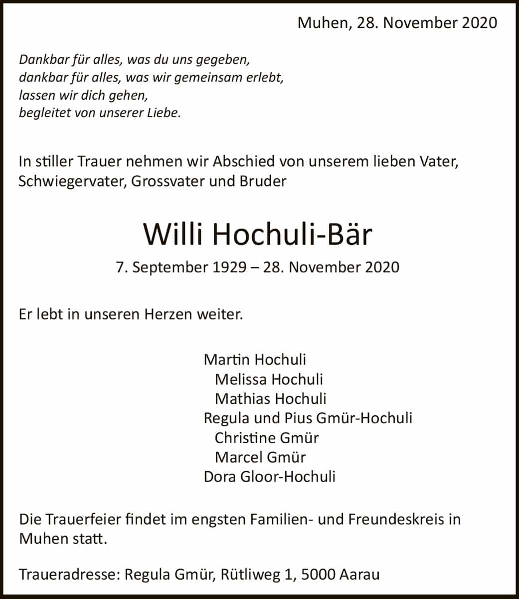 Todesanzeige Willi Hochuli-Bär 1929 | Der Landanzeiger