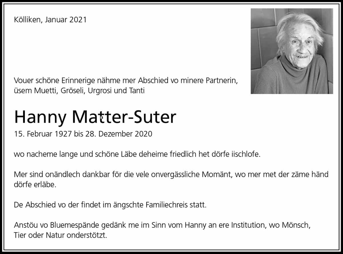 Todesanzeige Hanny Matter-Suter 1927 | Der Landanzeiger