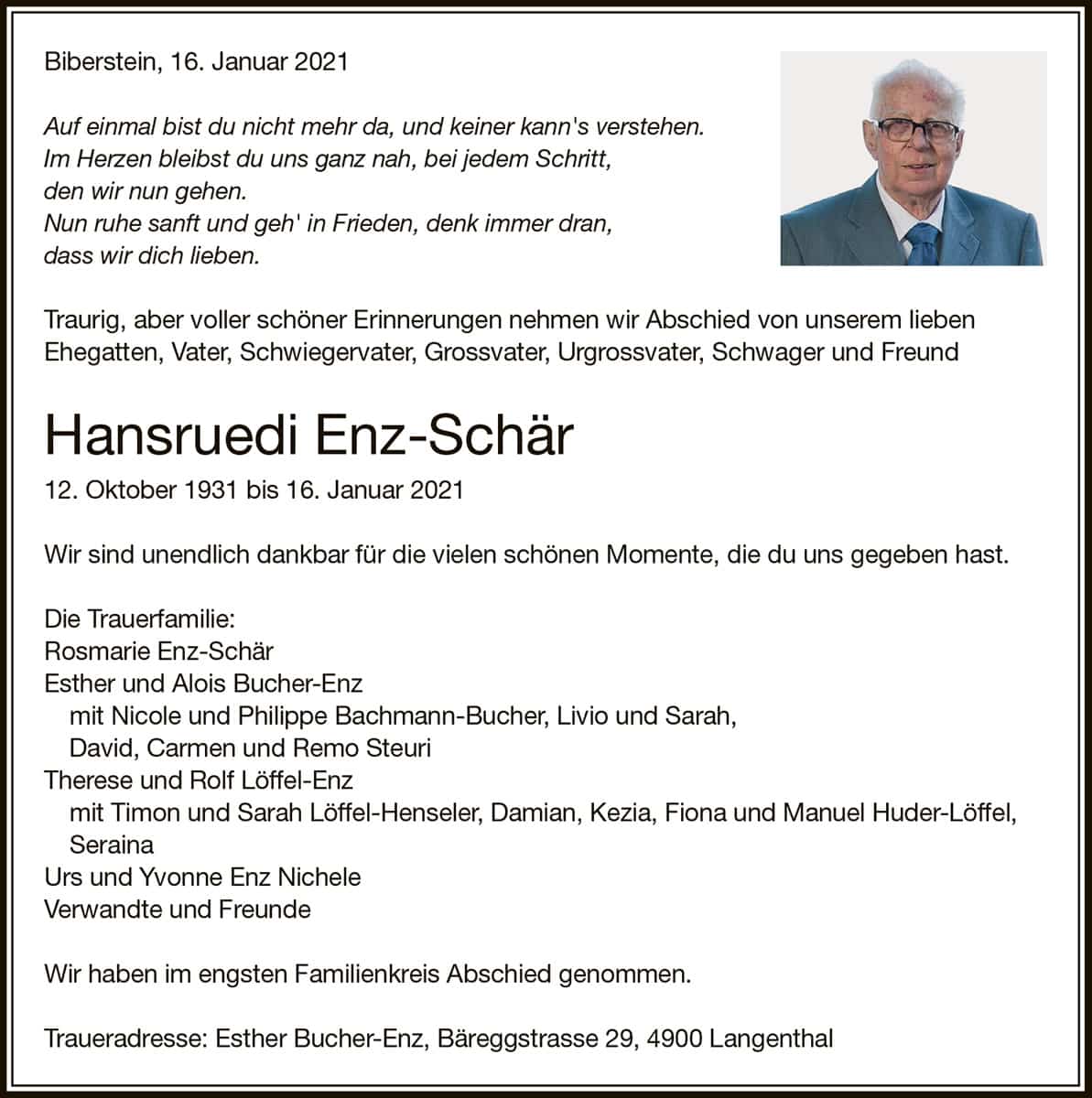 Todesanzeige Hansruedi Enz-Schär 1931 | Der Landanzeiger