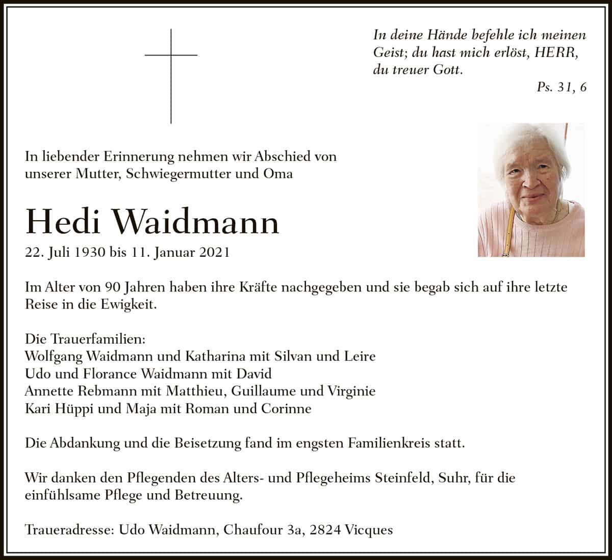 Todesanzeige Hedi Waidmann 1930 | Der Landanzeiger