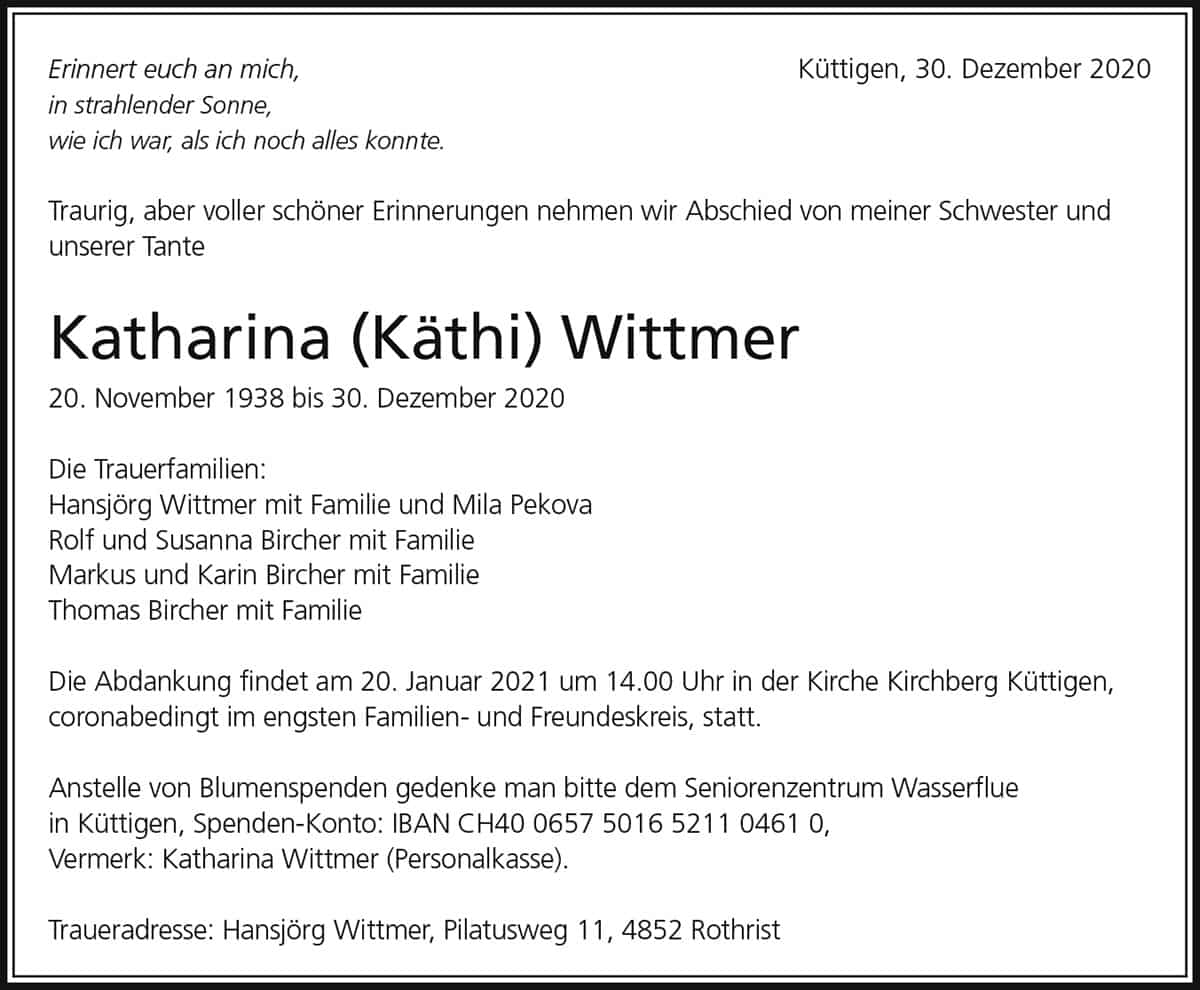 Todesanzeige Katharina (Käthi) Wittmer 1938 | Der Landanzeiger