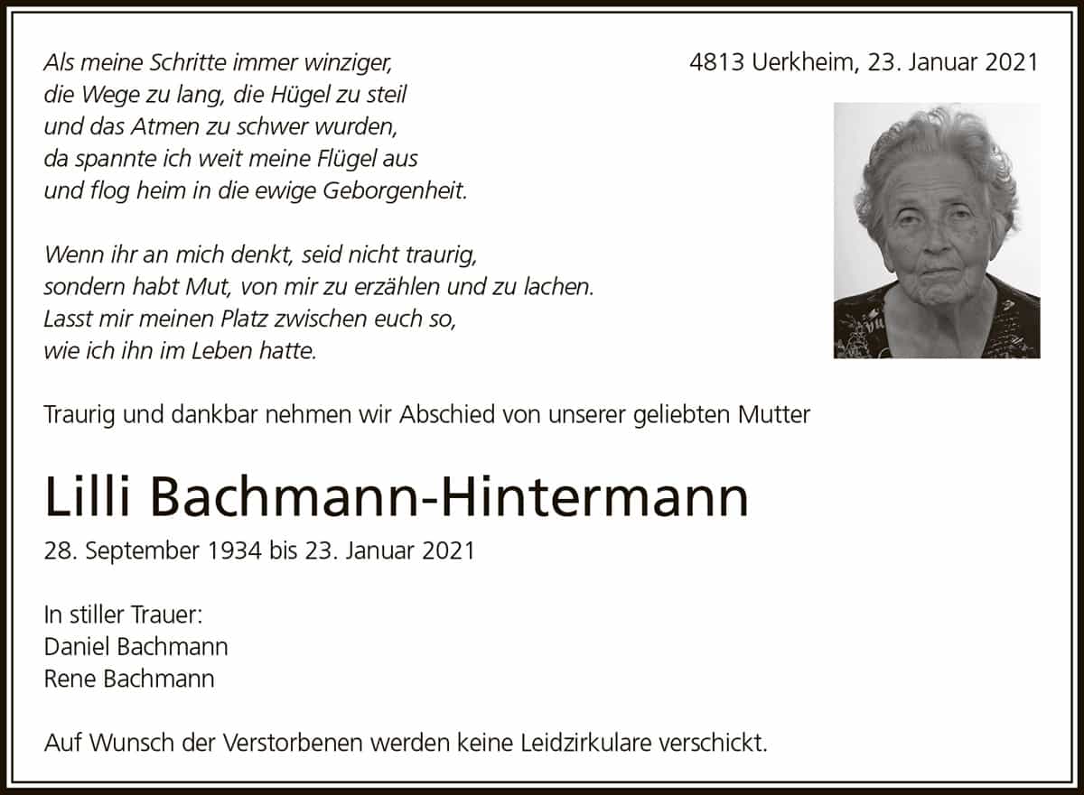 Todesanzeige Lilli Bachmann-Hintermann 1934 | Der Landanzeiger