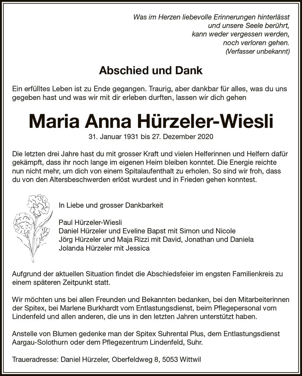 Todesanzeige Maria Anna Huerzeler-Wiesli 1931 | Der Landanzeiger