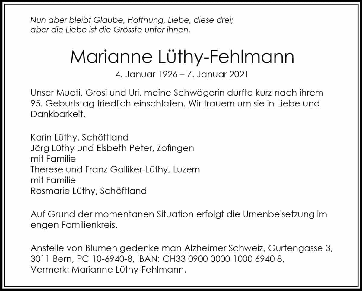 Todesanzeige Marianne Lüthy-Fehlmann 1926 | Der Landanzeiger