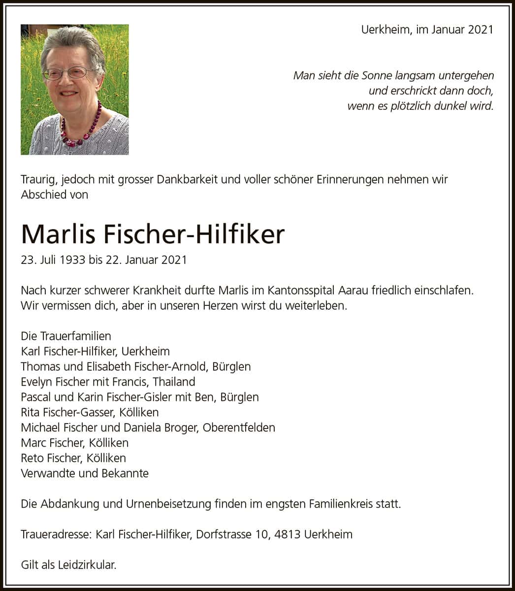 Todesanzeige Marlis Fischer-Hilfiker 1933 | Der Landanzeiger