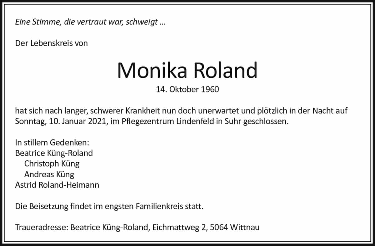 Todesanzeige Monika Roland 1960 | Der Landanzeiger