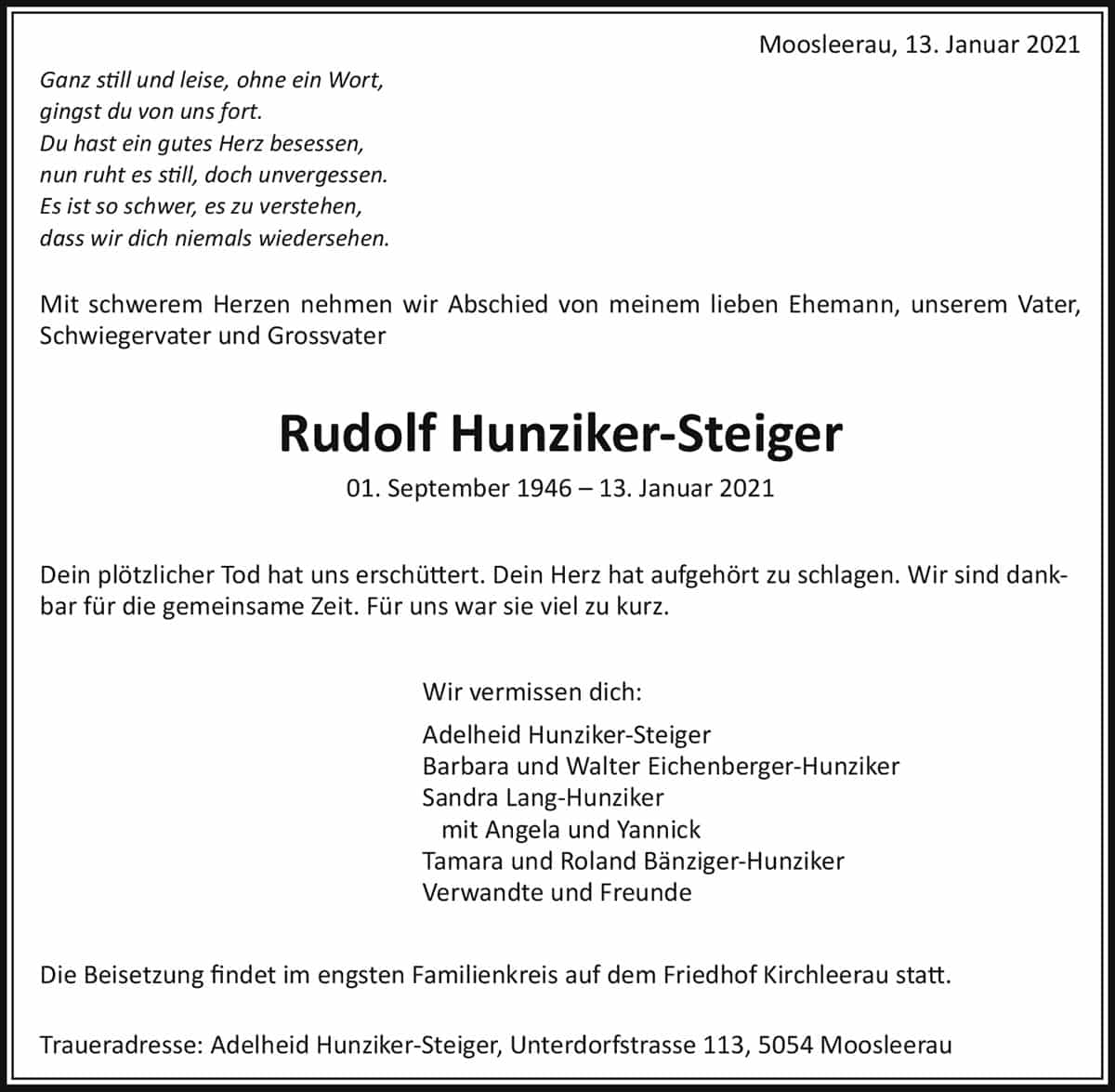 Todesanzeige Rudolf Hunziker-Steiger 1946 | Der Landanzeiger