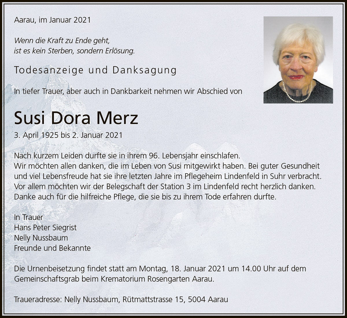 Todesanzeige Susi Dora Merz 1925 | Der Landanzeiger