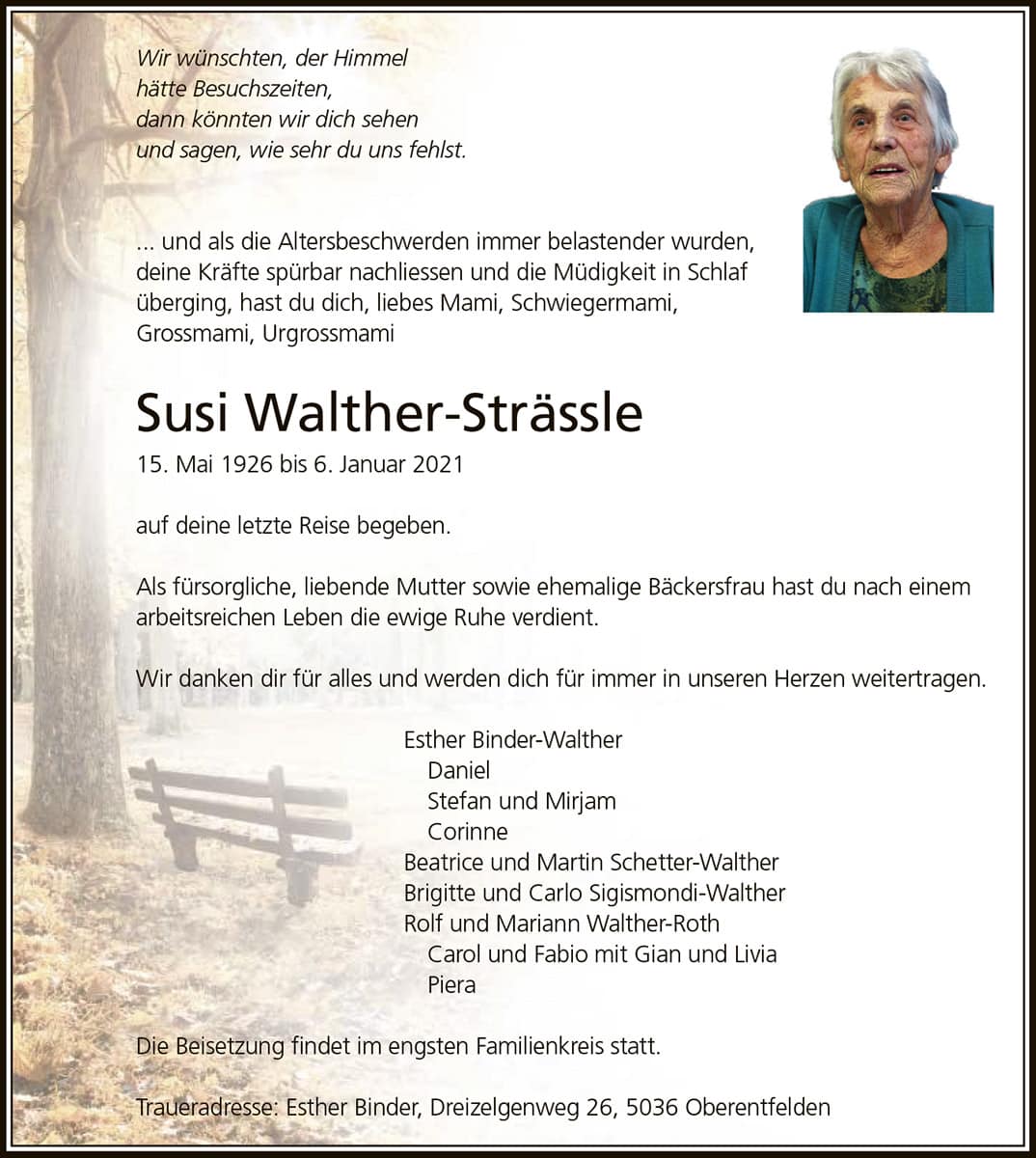 Todesanzeige Susi Walther-Straessle 1926 | Der Landanzeiger