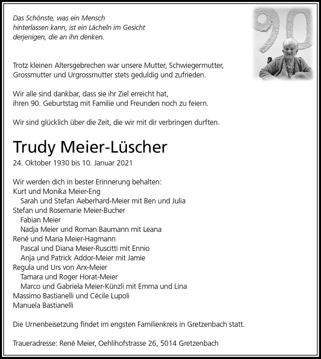 Todesanzeige Trudy Meier-Lüscher 1939 | Der Landanzeiger