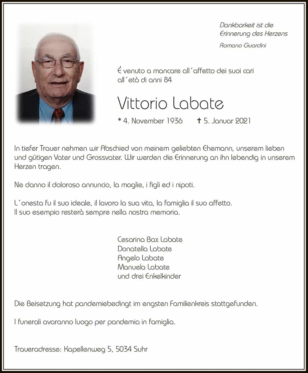 Todesanzeige Vittorio Labate1936 | Der Landanzeiger