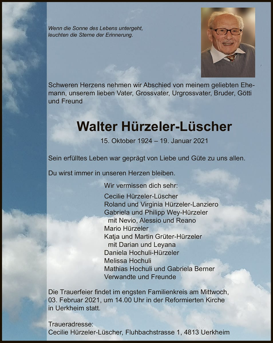 Todesanzeige Walter Hürzeler-Lüscher 1924 | Der Landanzeiger