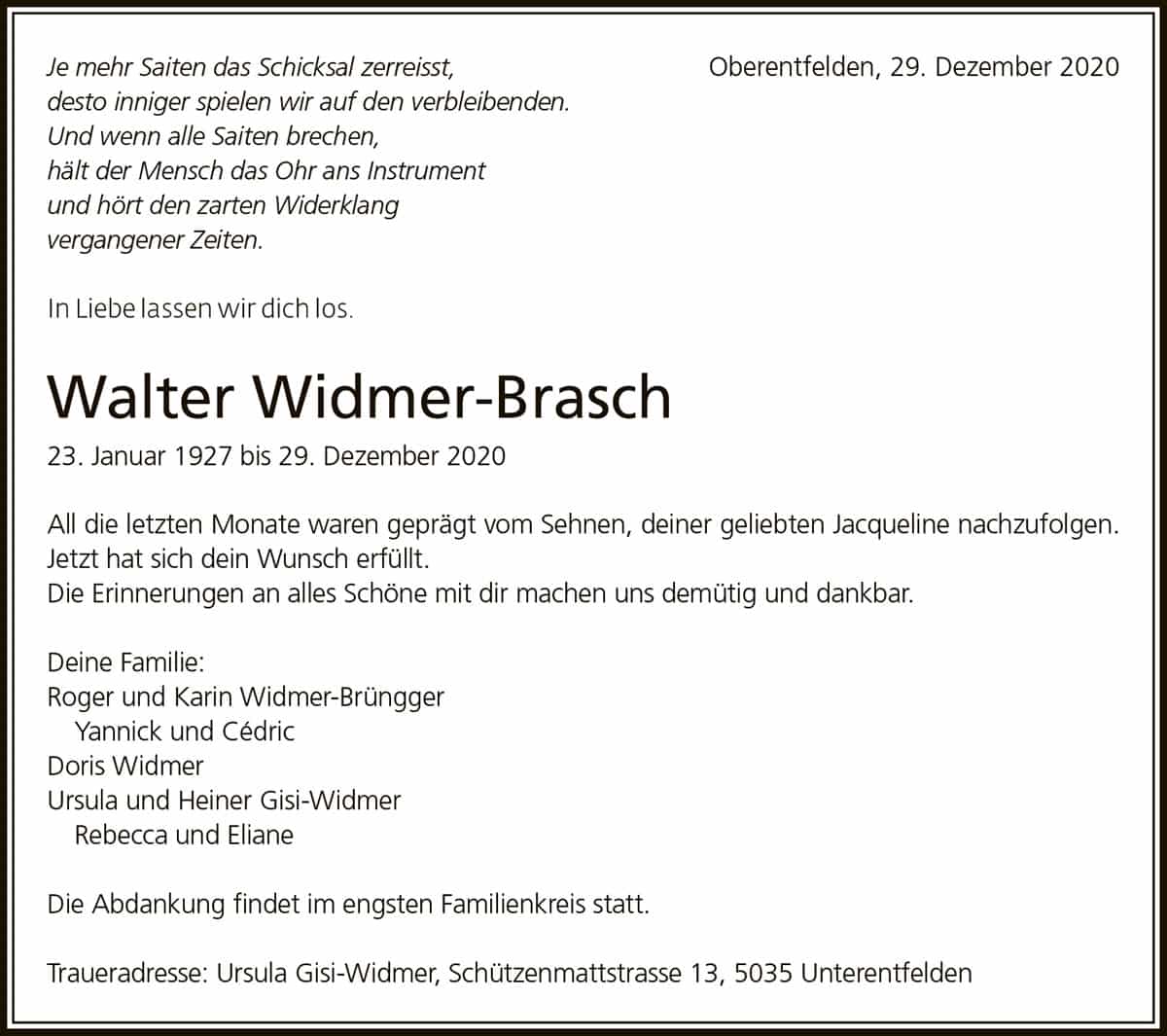 Todesanzeige Walter Widmer-Brasch 1927 | Der Landanzeiger