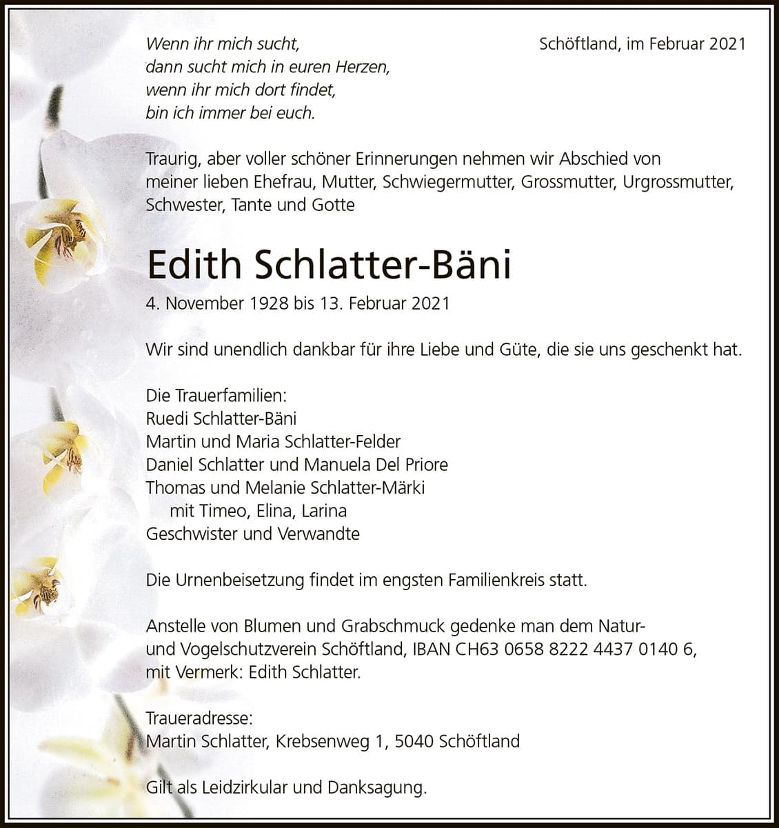 Todesanzeige Edith Schlatter-Bäni 1928 | Der Landanzeiger