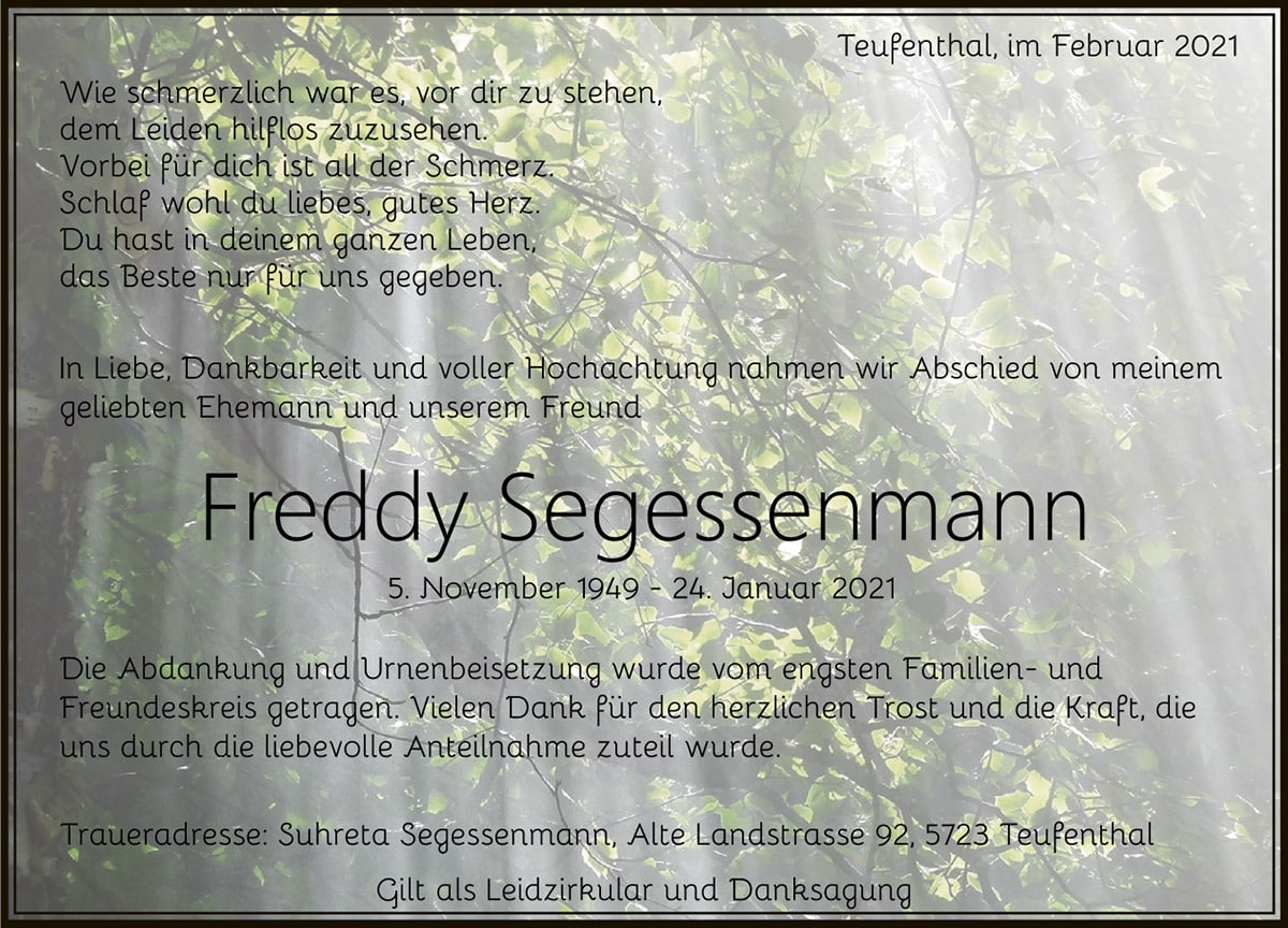 Todesanzeige Freddy Segessenmann 1949 | Der Landanzeiger
