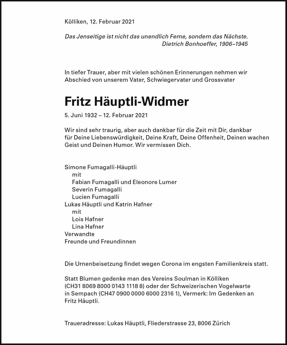 Todesanzeige Fritz Häuptli-Widmer 1932 | Der Landanzeiger