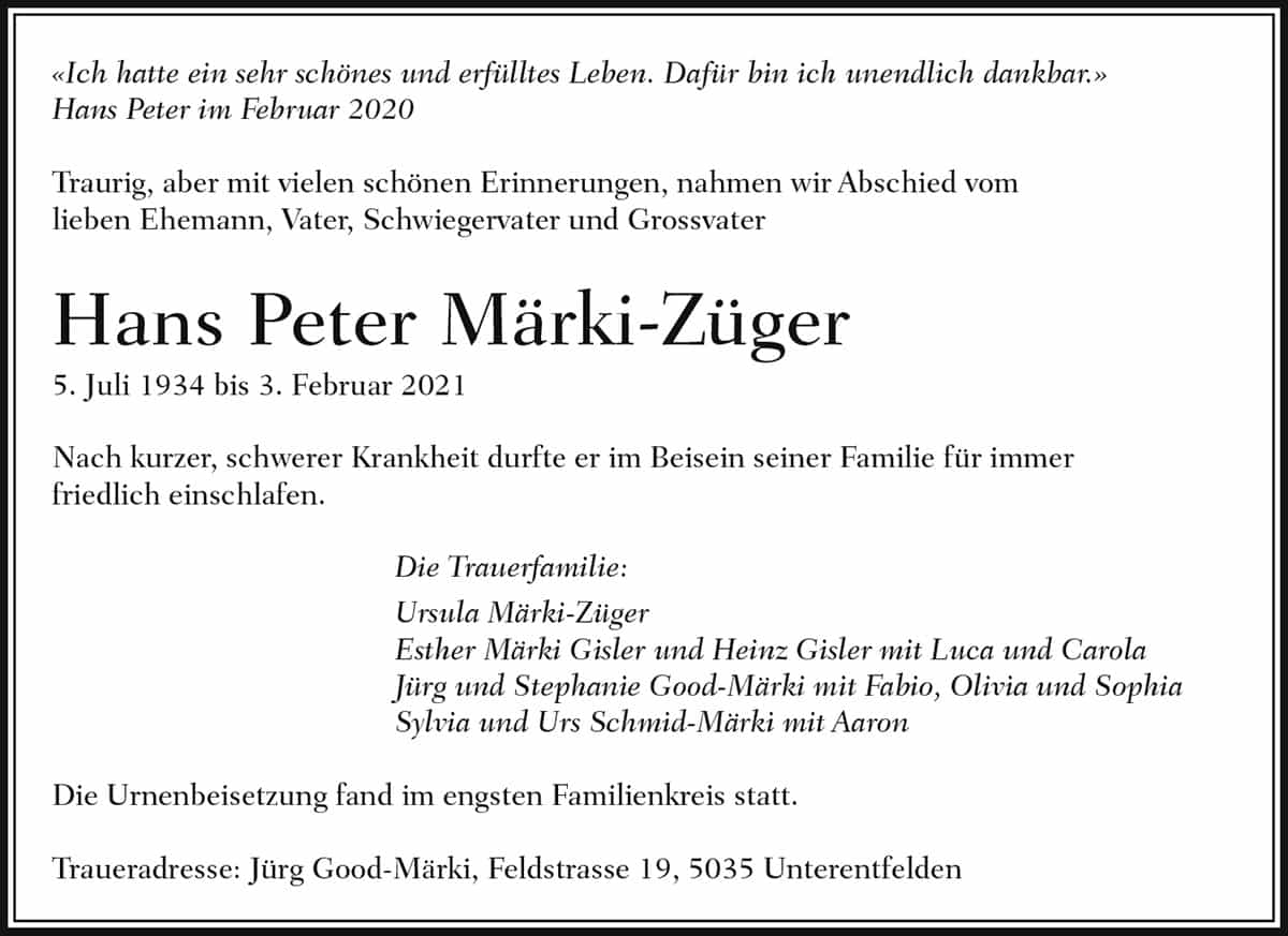 Todesanzeige Hans Peter Märki-Züger 1934 | Der Landanzeiger