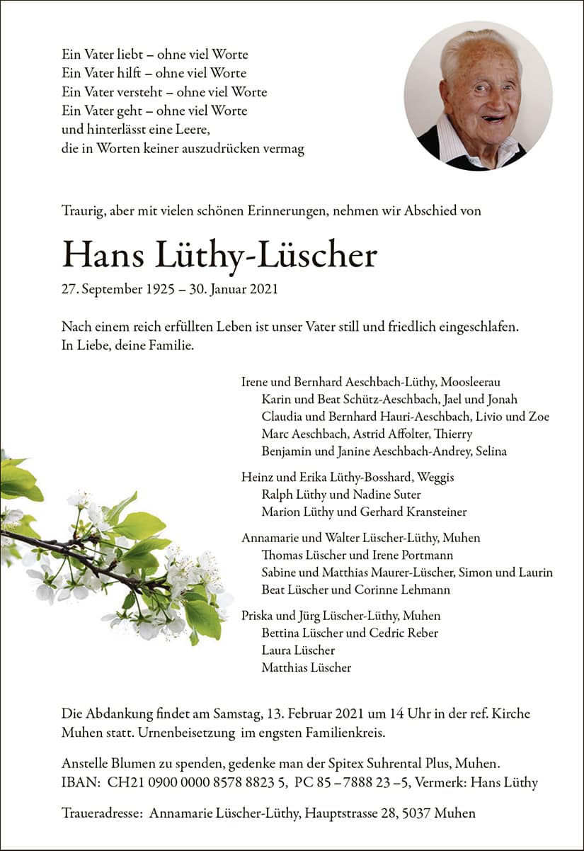 Todesanzeige Hans Lüthy-Lüscher 1925 | Der Landanzeiger
