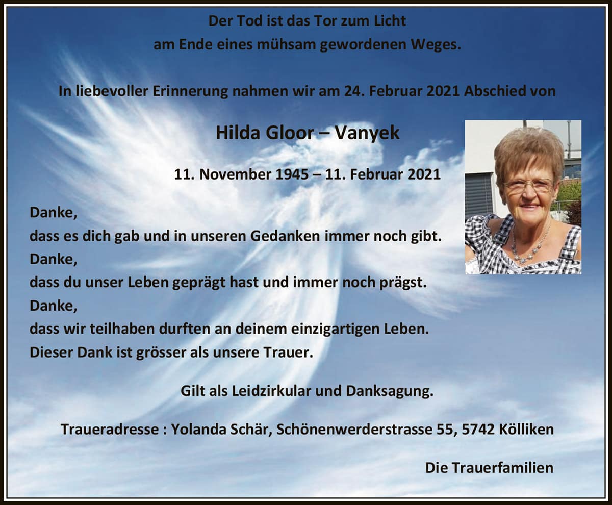 Todesanzeige Hilda Gloor-Vanyek 1945 | Der Landanzeiger