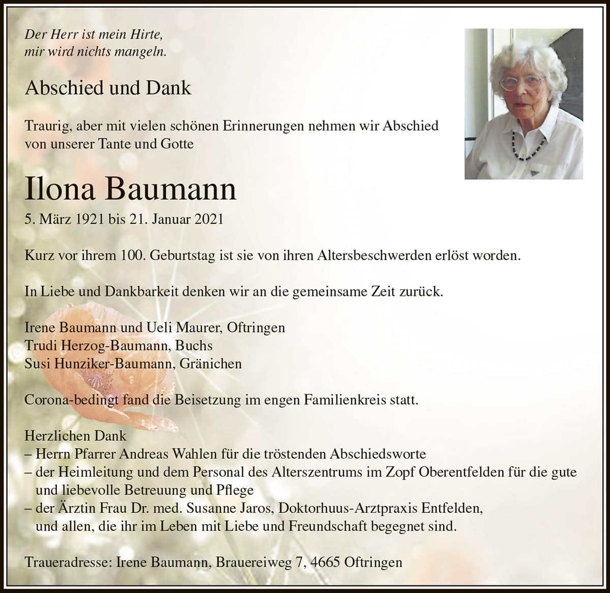 Todesanzeige Ilona Baumann 1921 | Der Landanzeiger