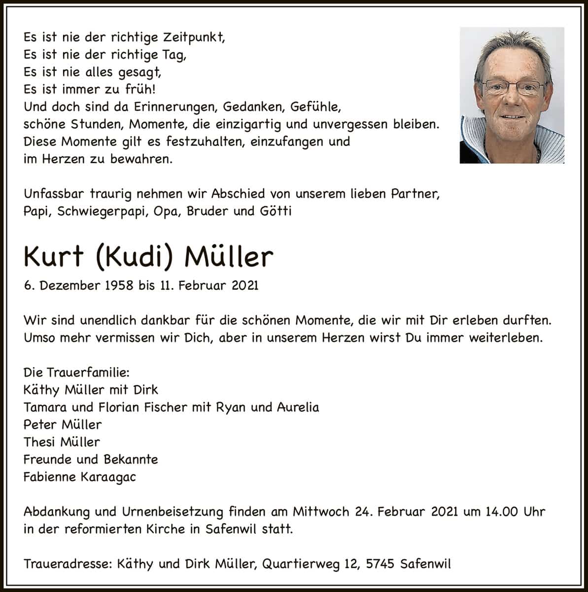 Todesanzeige Kurt (Kudi) Müller 1958 | Der Landanzeiger