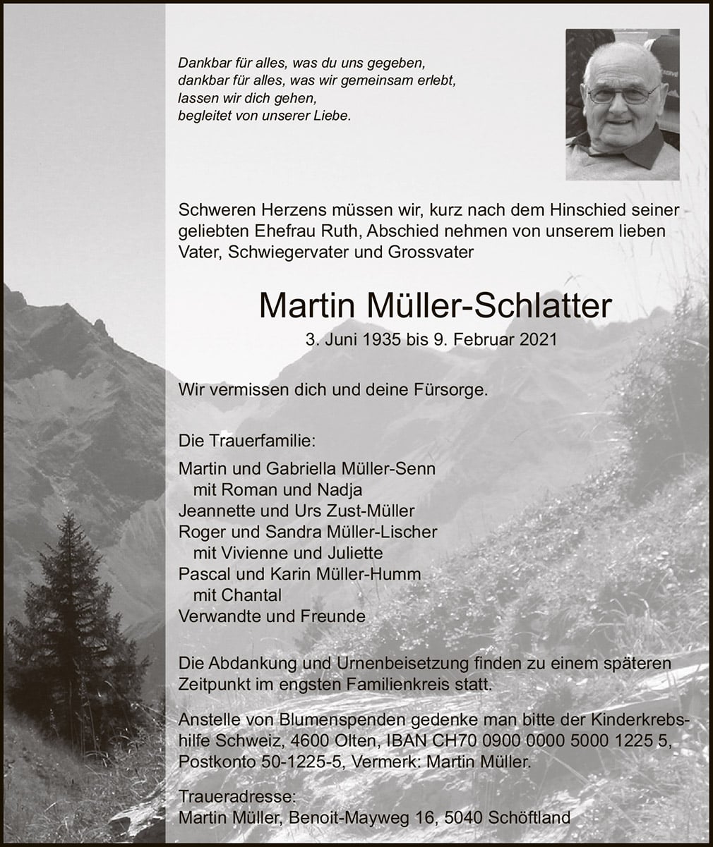 Todesanzeige Martin Müller-Schlatter 1935 | Der Landanzeiger