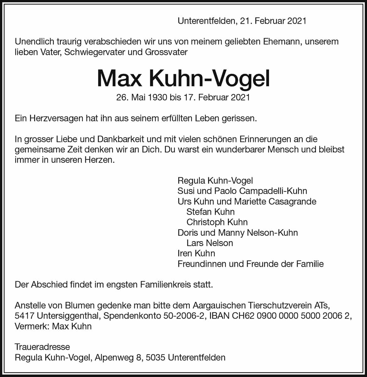 Todesanzeige Max Kuhn-Vogel 1930 | Der Landanzeiger