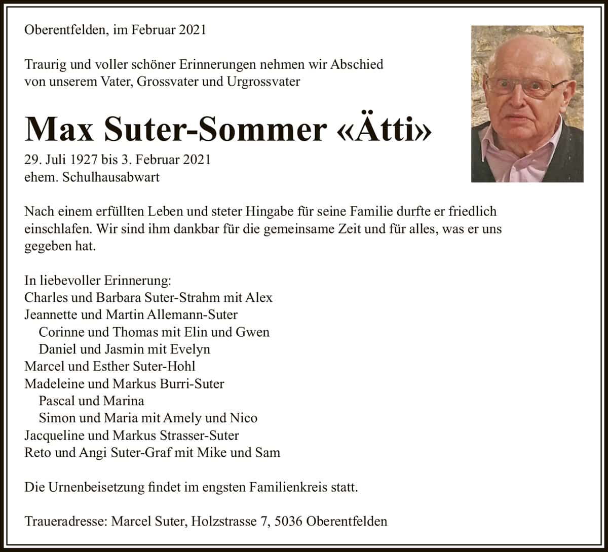 Todesanzeige Max Suter-Sommer 1927 | Der Landanzeiger