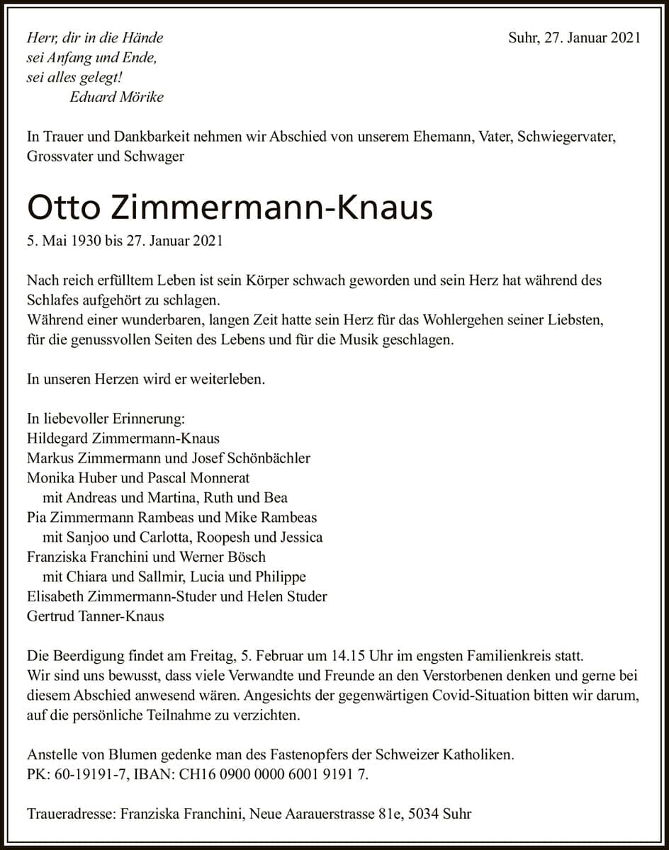 Todesanzeige Otto Zimmermann-Knaus 1930 | Der Landanzeiger