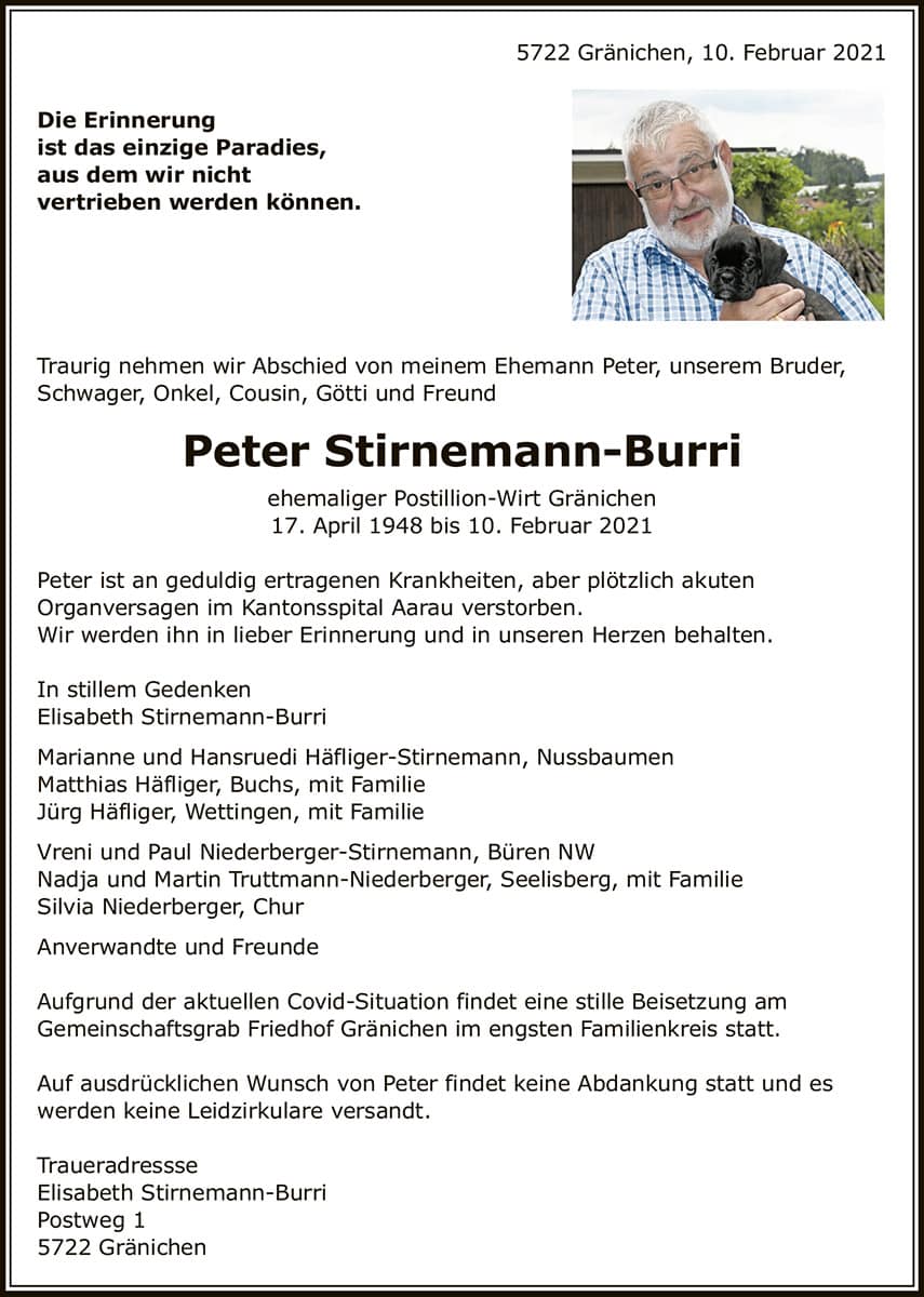 Todesanzeige Peter Stirnemann-Burri 1948 | Der Landanzeiger