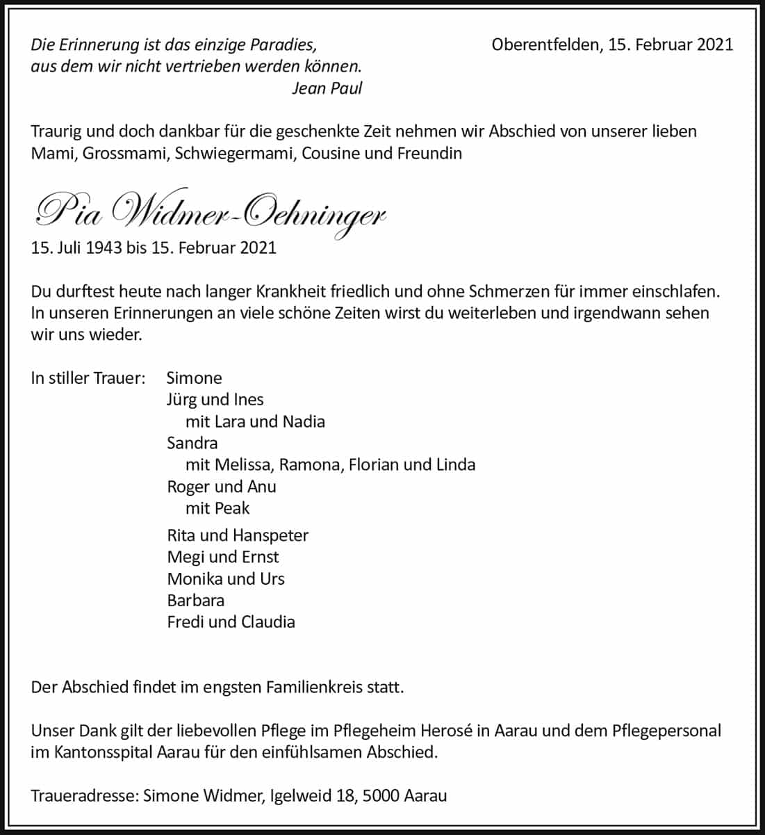 Todesanzeige Pia Widmer-Oehninger 1943 | Der Landanzeiger