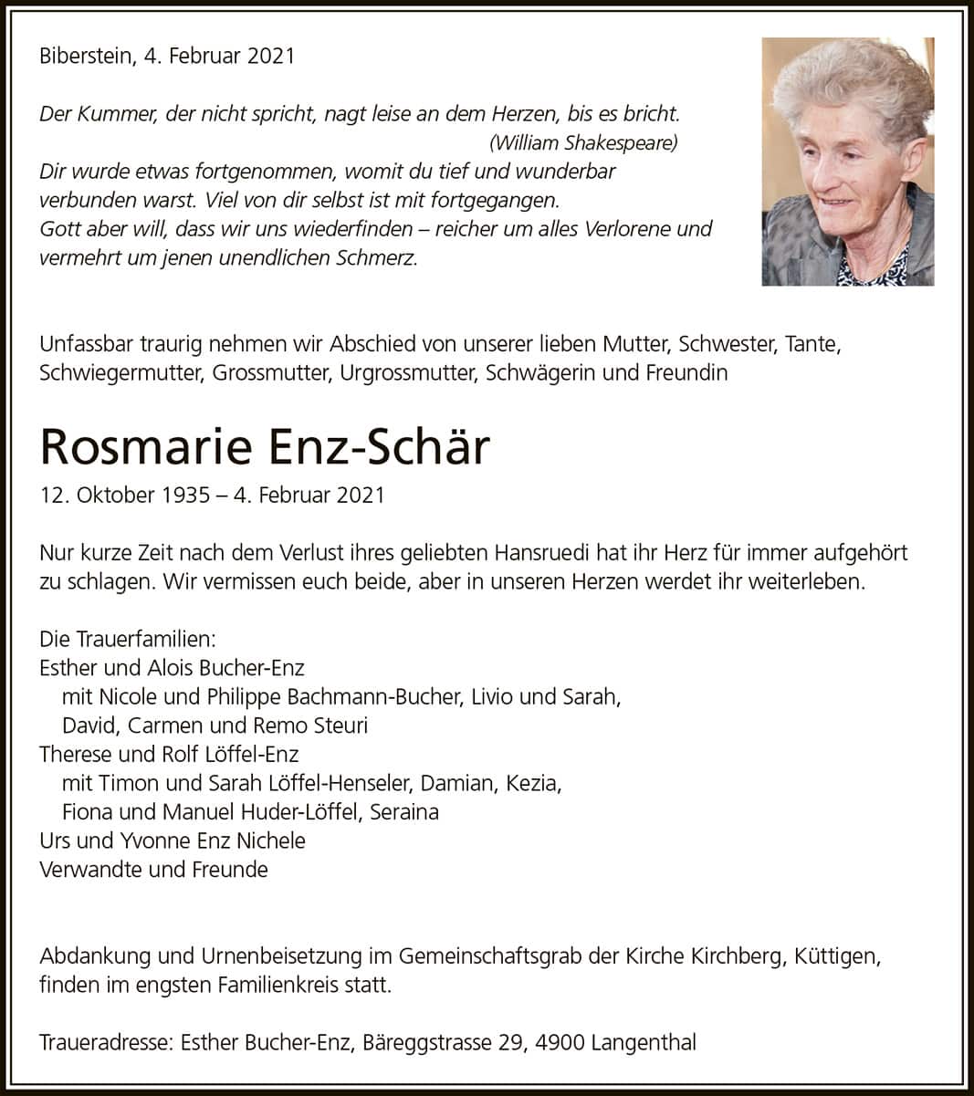 Todesanzeige Rosmarie Enz-Schär 1935 | Der Landanzeiger