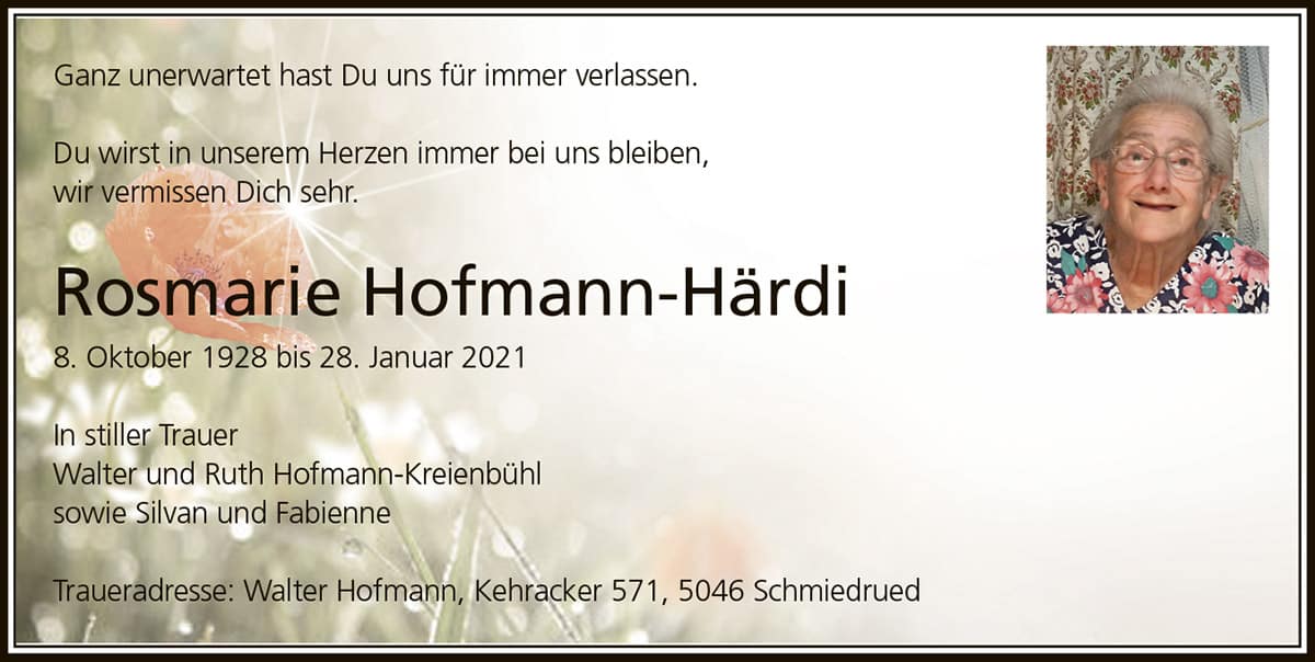 Todesanzeige Rosmarie Hofmann-Härdi 1928 | Der Landanzeiger