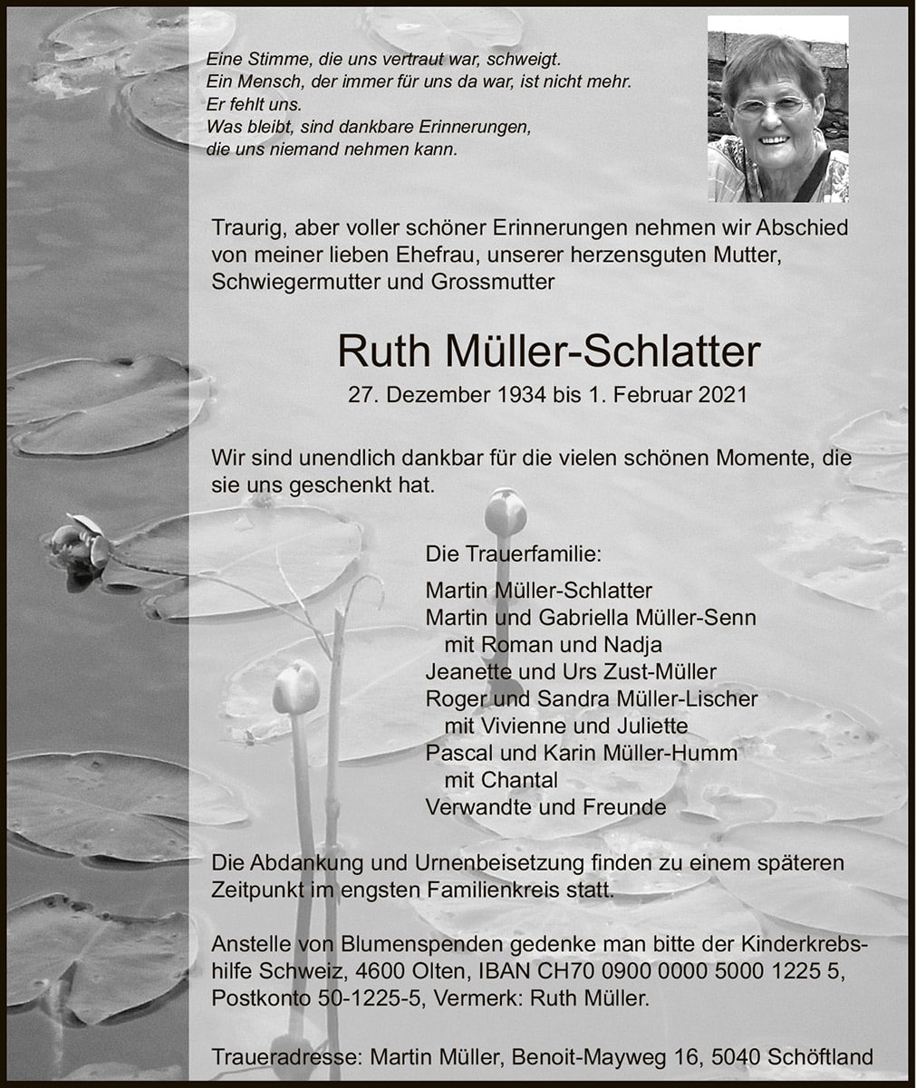 Todesanzeige Ruth Müller-Schlatter 1934 | Der Landanzeiger