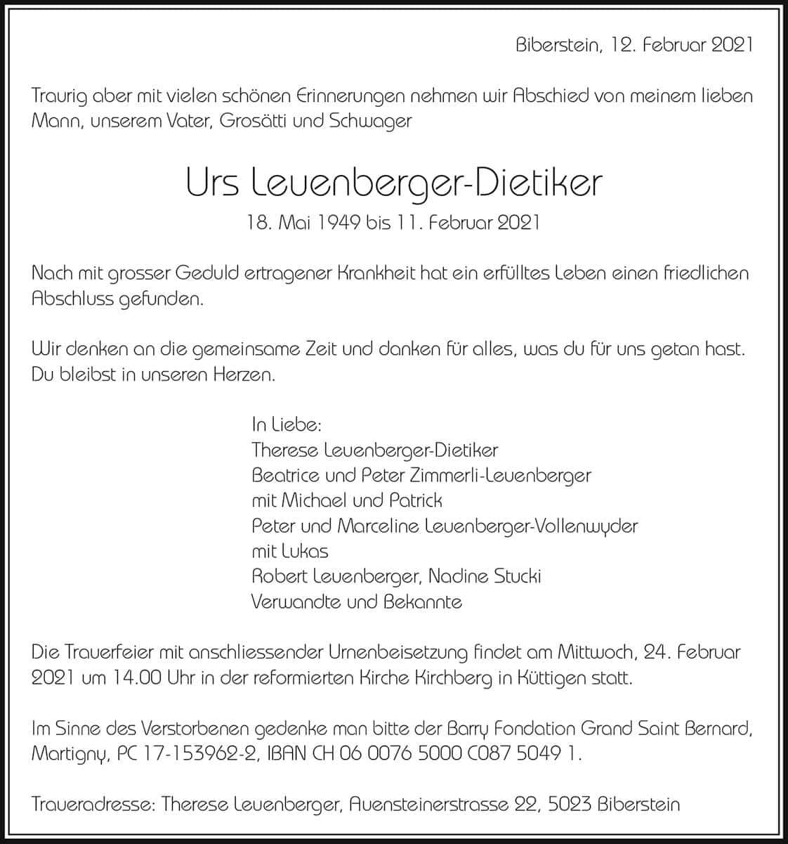 Todesanzeige Urs Leuenberger-Dietiker 1949 | Der Landanzeiger
