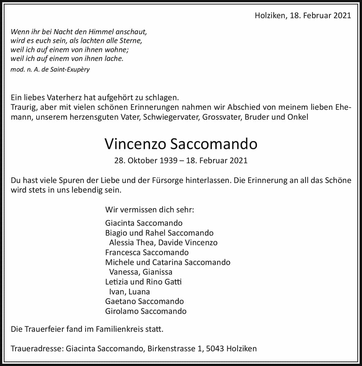 Todesanzeige Vincenzo Saccomando 1939 | Der Landanzeiger