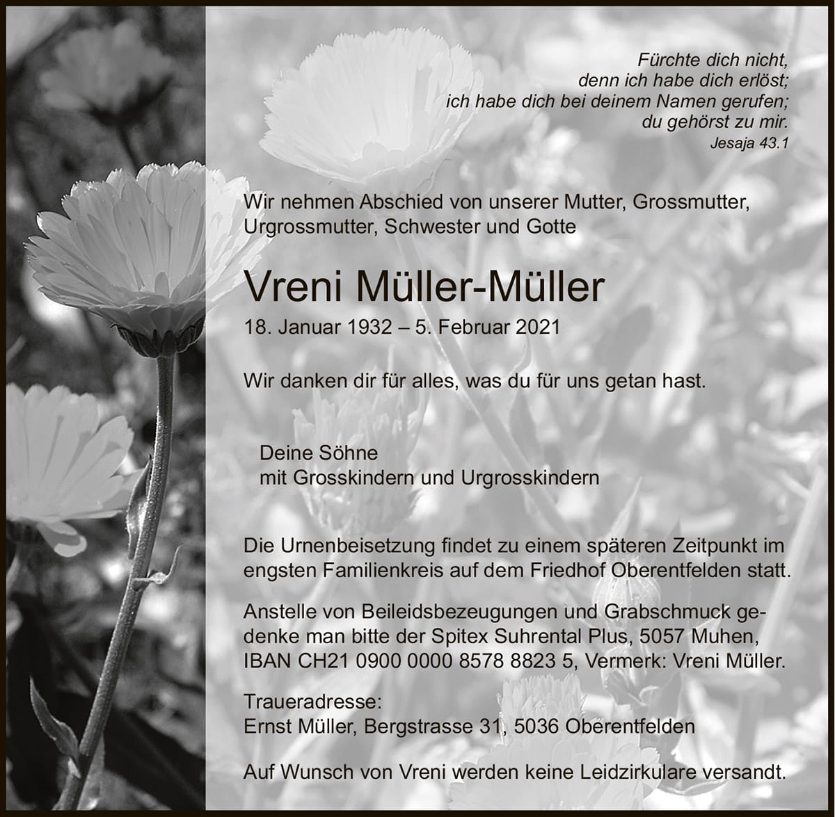 Todesanzeige Vreni Müller-Müller 1932 | Der Landanzeiger