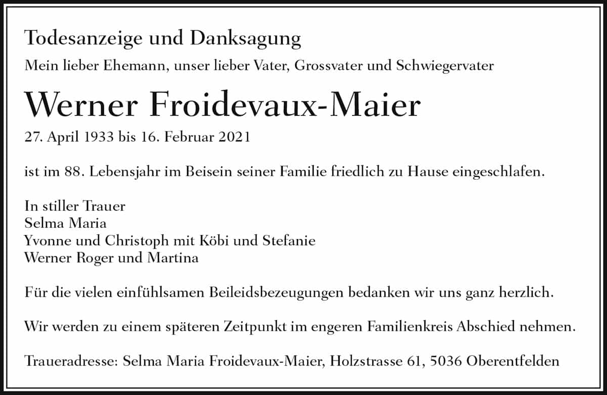 Todesanzeige Werner Froidevaux-Maier 1933 | Der Landanzeiger