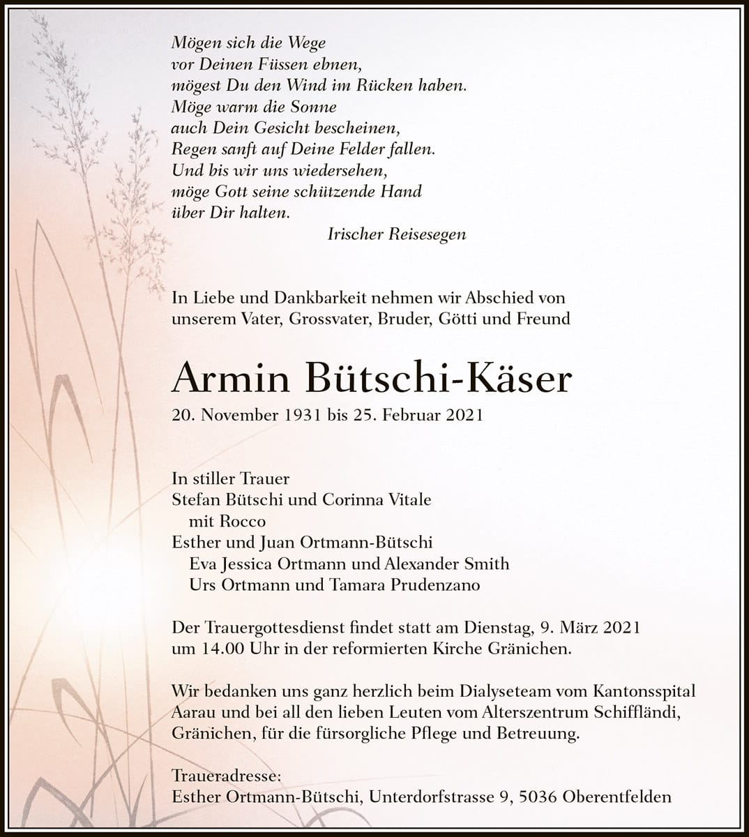 Todesanzeige Armin Bütschi-Käser 1931 | Der Landanzeiger